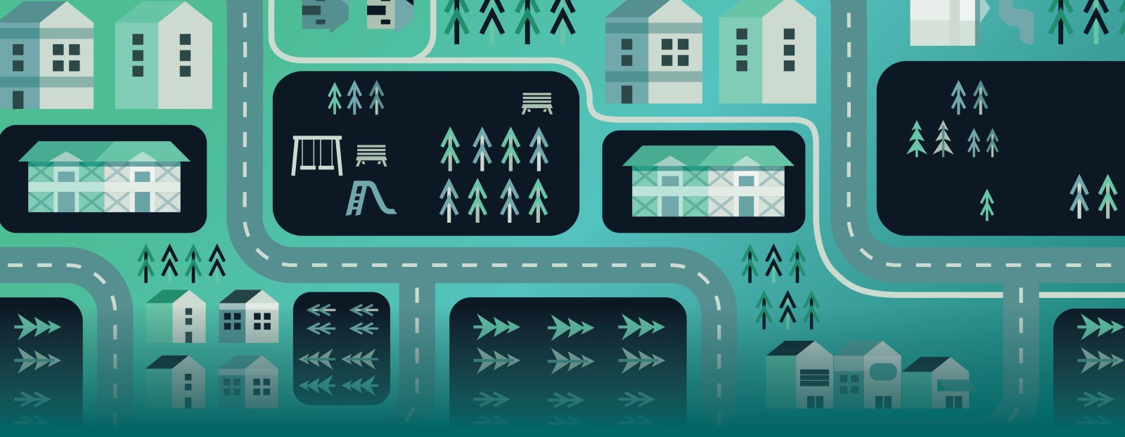 Cartoon images of houses and neighbourhoods