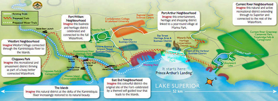Imagine Our Waterfront Map page 2 showing key neighbourhoods and future visions for them