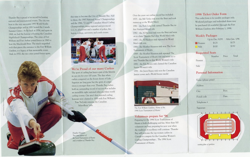 back of Scott Tournament of Hearts Brochure with photo of woman curling'