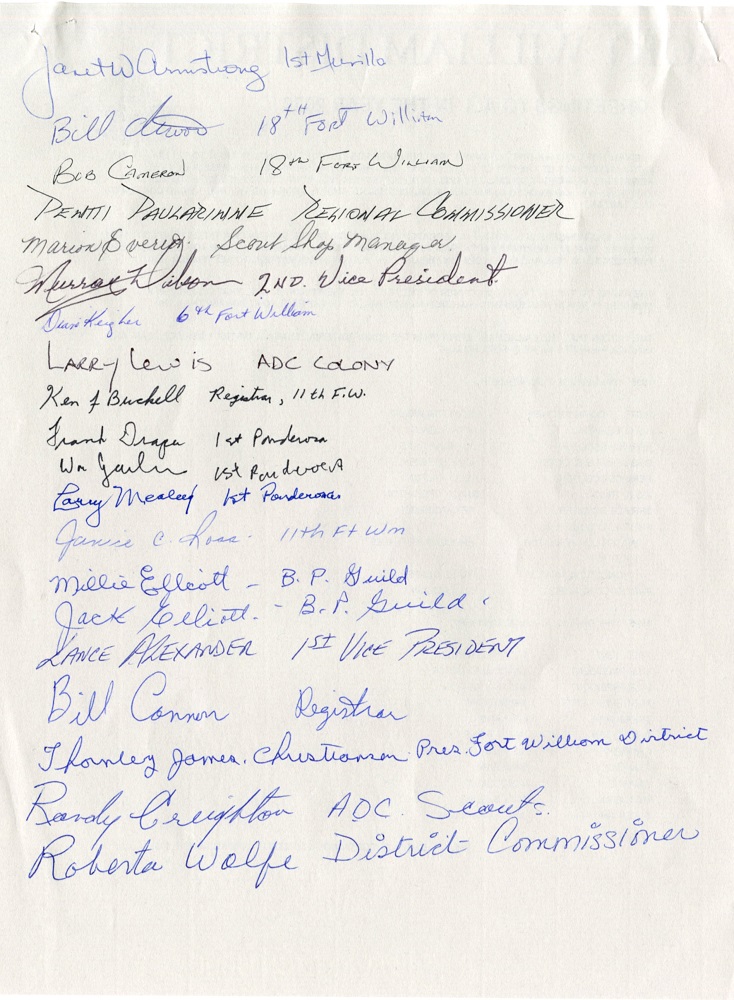 Fort William District Cub Pack Letter signatures