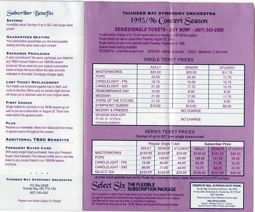 Thunder Bay Symphony Orchestra concert ticket prices