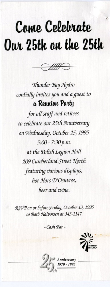 Thunder Bay Hydro Pamphlet with title "Come celebrate our 25th on the 25th"