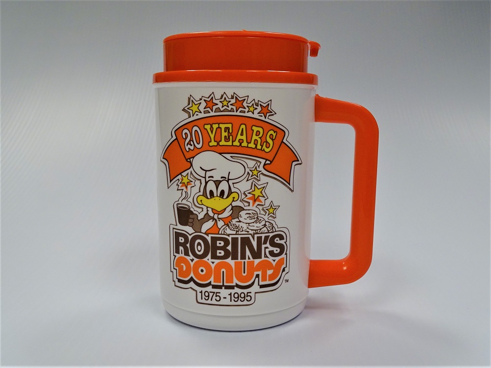 orange and white Robin's Donuts 20th Anniversary Mug