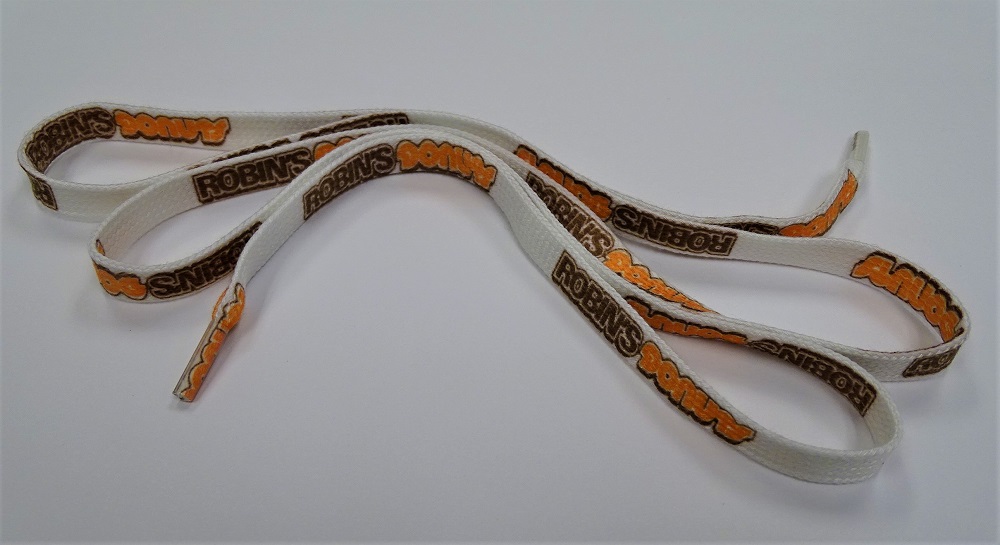 Robin's Donuts Shoe Lace with black and orange lettering