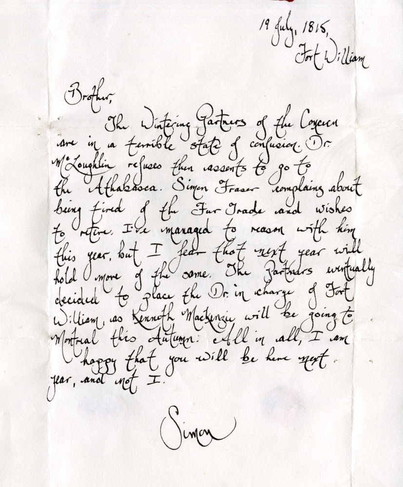 Old Fort William - Letter