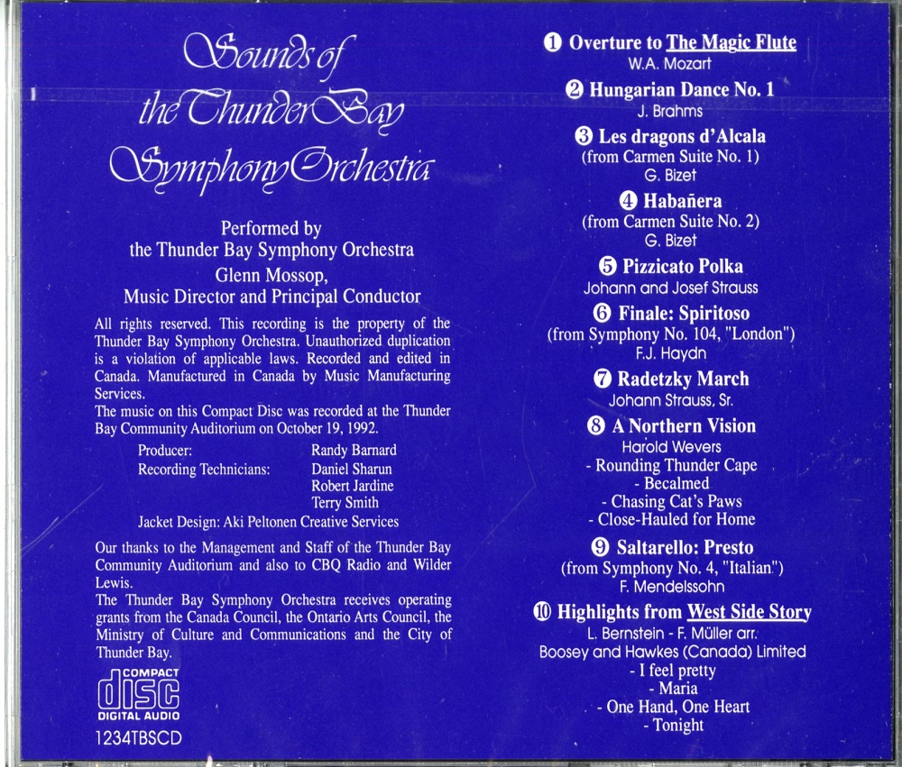 Thunder Bay Smphony Orchestra CD back with tracklist