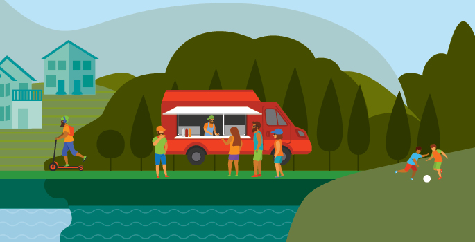 Cartoon image of food truck in a neighbourhood