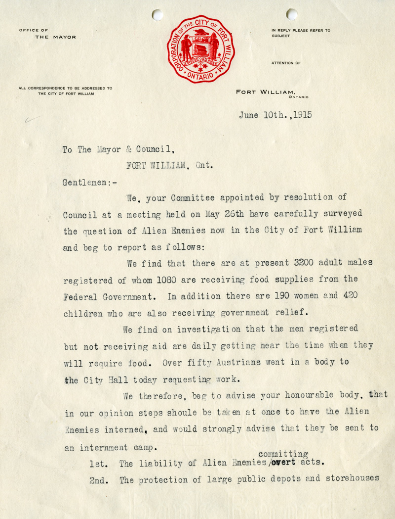 Enemy aliens committee recommendation letter