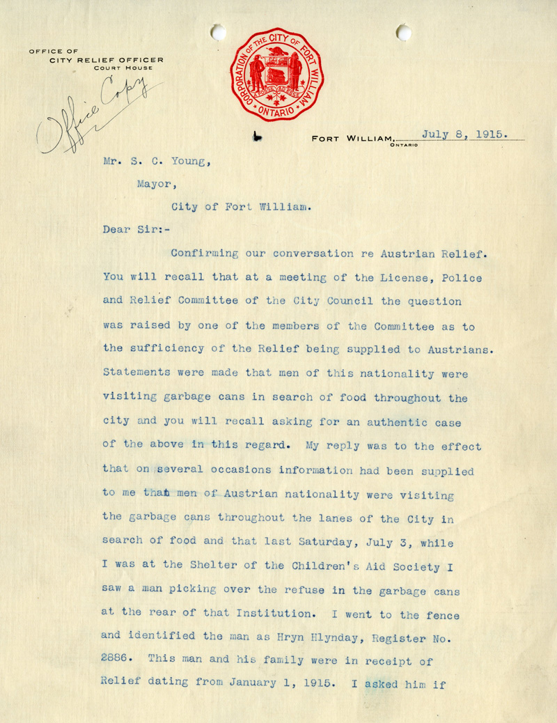 Letter from the City Relief Officer