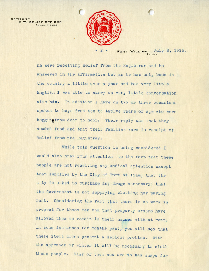 Letter from the City Relief Officer