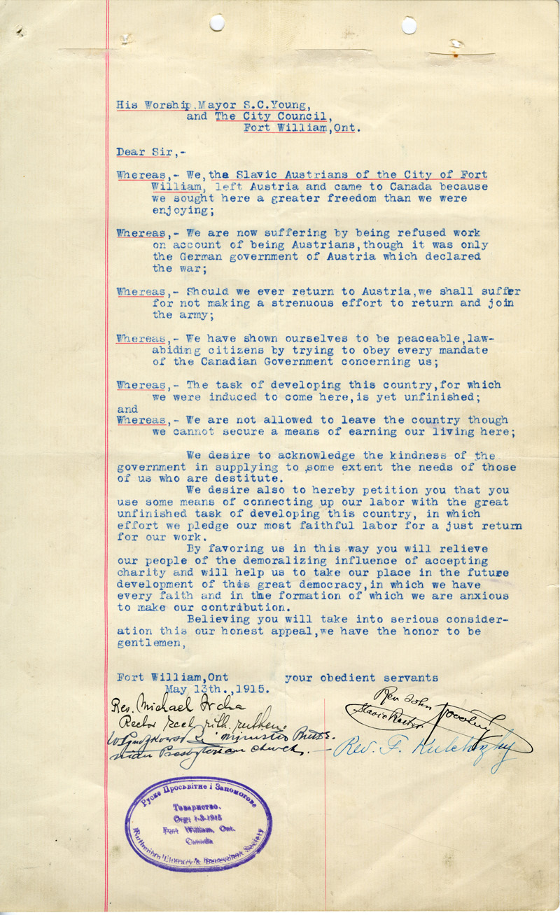 Letter sent from Slavic Austrians in Fort William