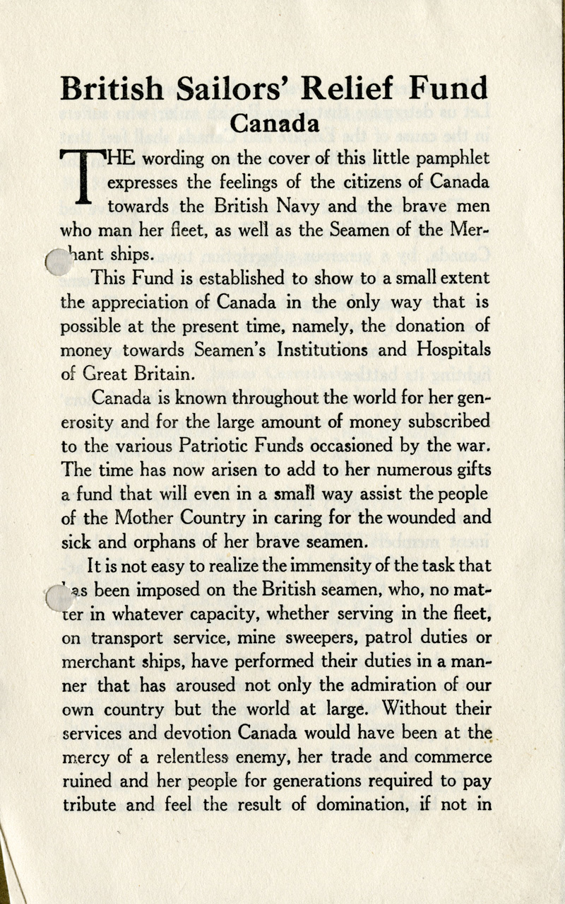 British Sailors' Relief Fund, Canada, booklet