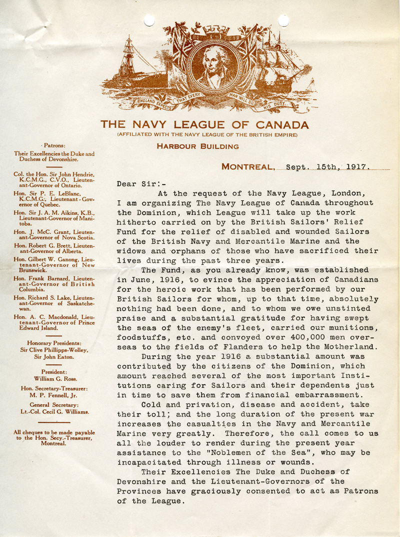 Navy League of Canada letter