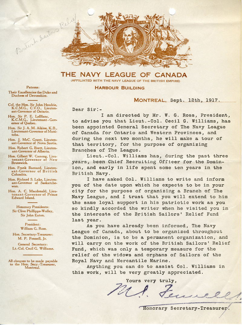 Navy League of Canada letter