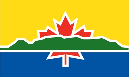 City of Thunder Bay Flag with yellow top half, blue bottom half, and maple leaf in centre overlayed with a green hill