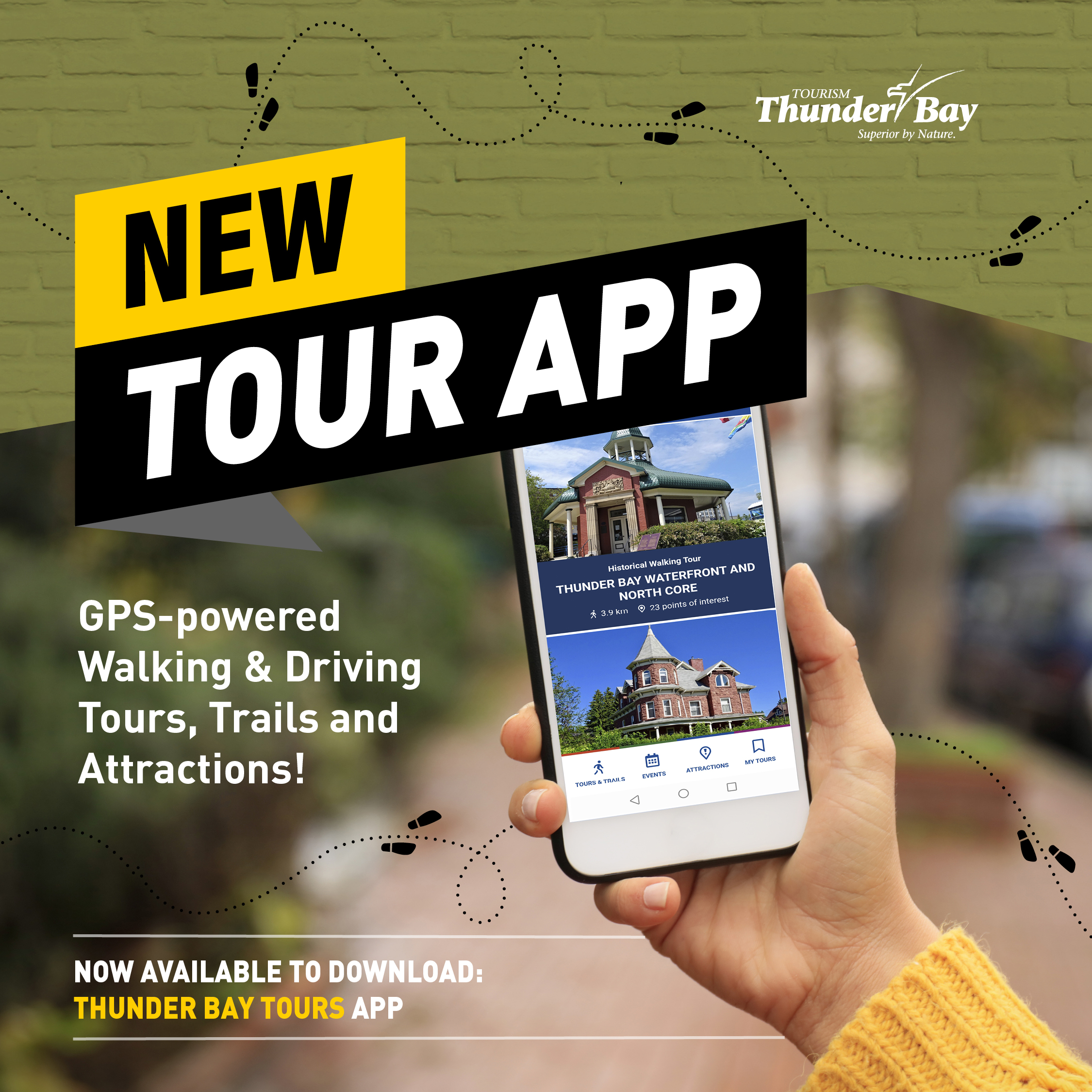Thunder Bay Tours app graphic that reads: GPS-powered walking and driving tours, trails and attractions