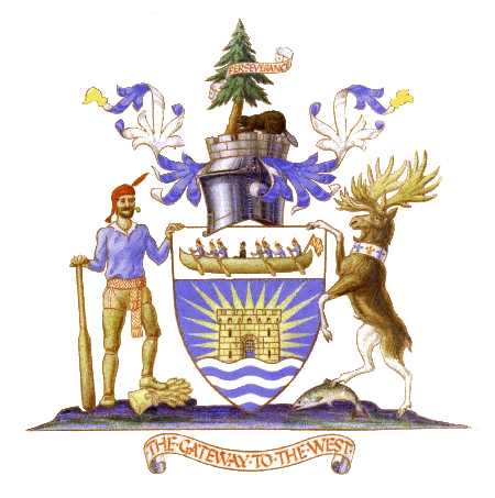 Thunder Bay Coat of Arms with a man and a moose on either side of a shield, a beaver and tree on top