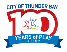 A red and blue logo celebrating one hundred years of play 