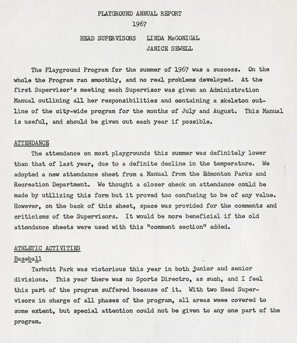 A typed page detailing the 1967 annual parks report 