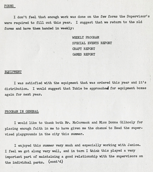 A typed document detailing the 1967 annual parks report