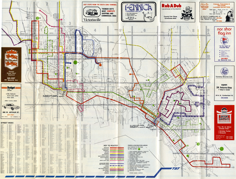 A map depicting transit routes for the City of Thunder Bay 