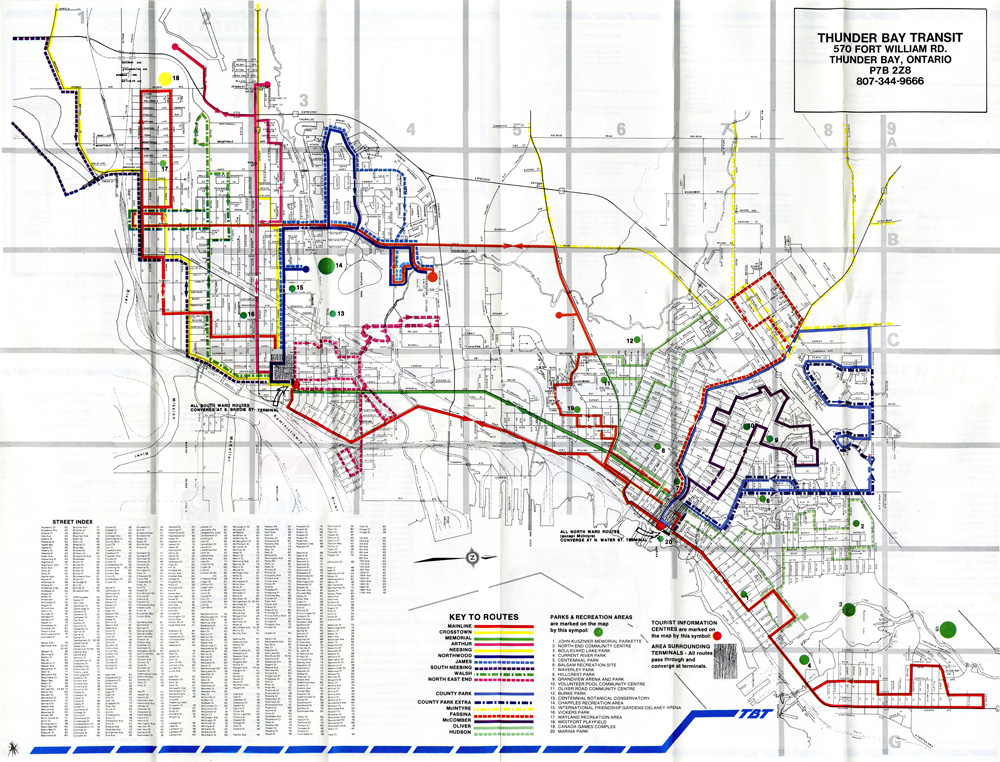 A map depicting transit routes for the City of Thunder Bay