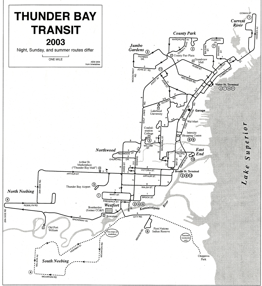 A map depicting transit routes for the City of Thunder Bay
