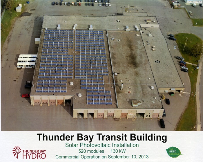 An aerial photo of the Thunder Bay Transit bus depot, solar panels on the roof