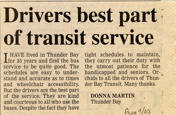 A newspaper clipping stating that the drivers are the best part of transit