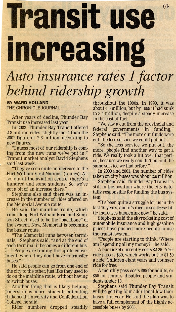 A newspaper article detailing the rise in transit use