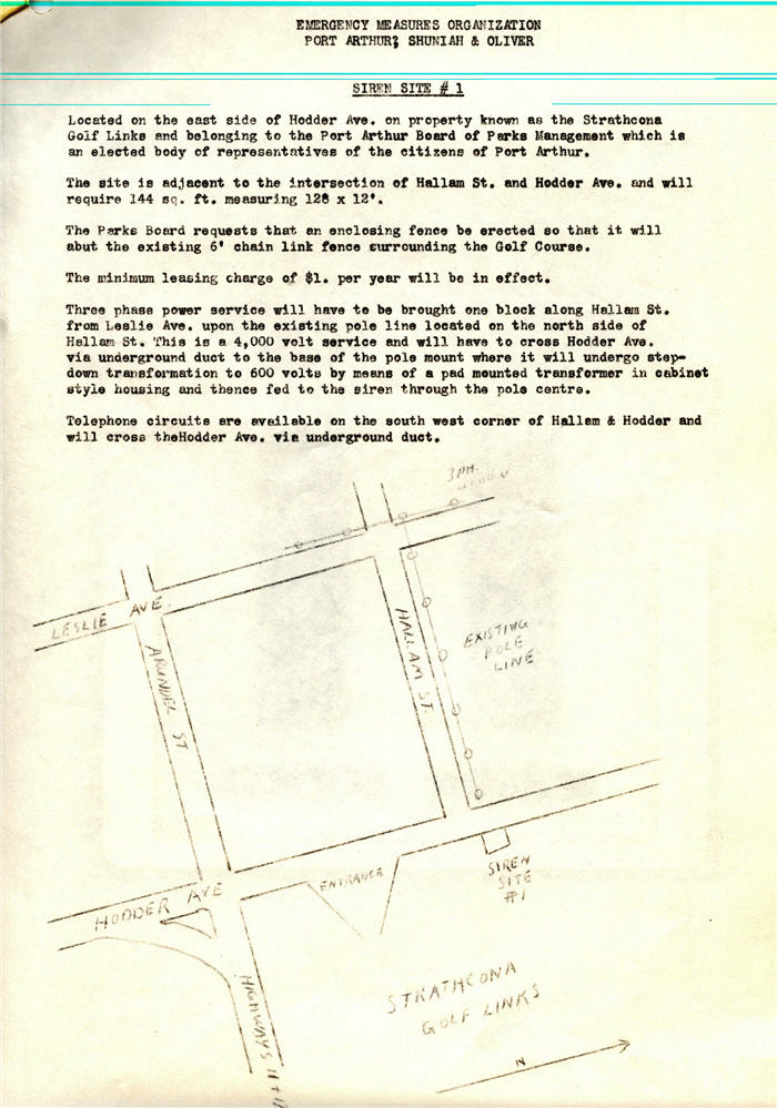 A typed document with a small map indicating the location of an Air Raid Siren