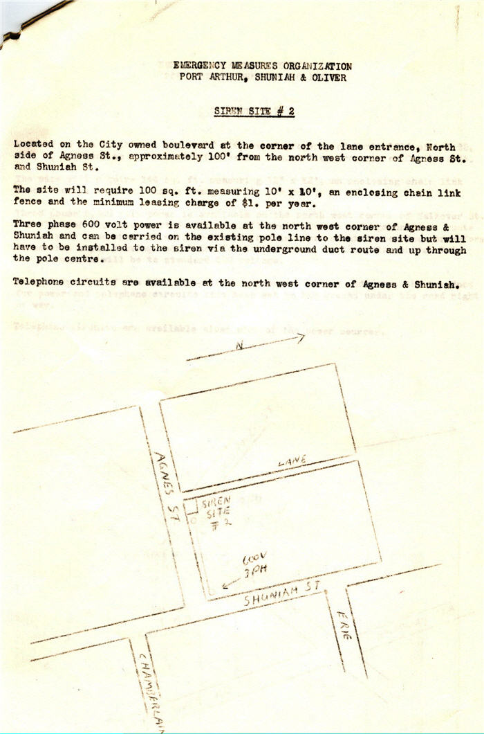 A typed document with a small map indicating the location of an Air Raid Siren