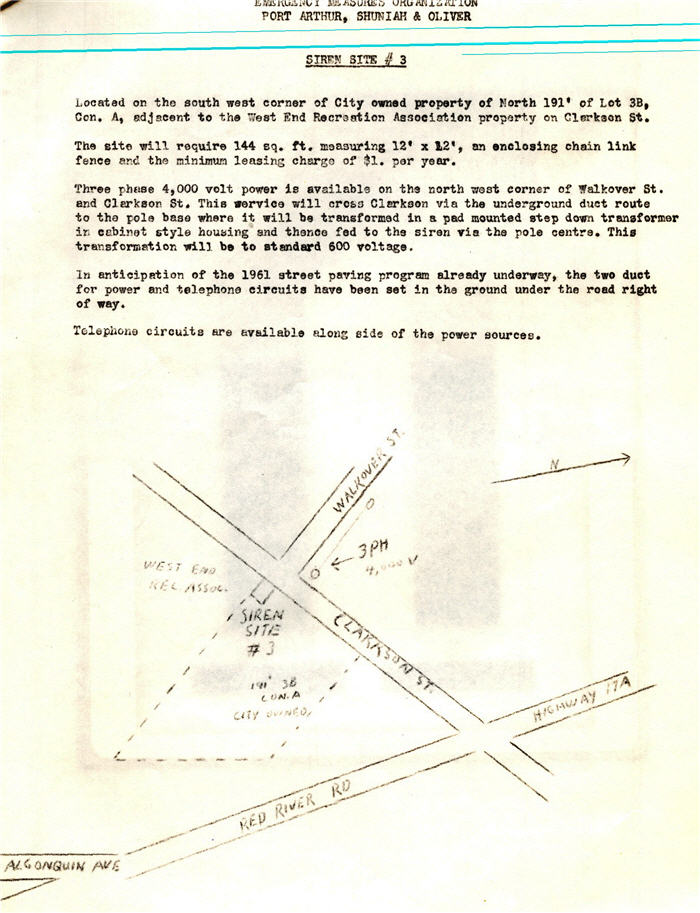A typed document with a small map indicating the location of an Air Raid Siren
