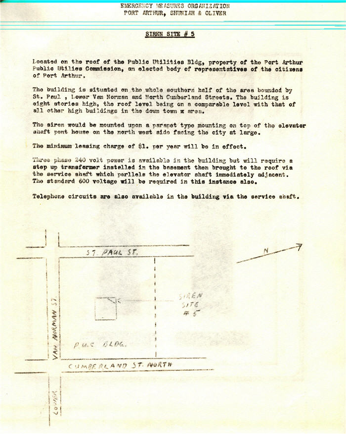 A typed document with a small map indicating the location of an Air Raid Siren
