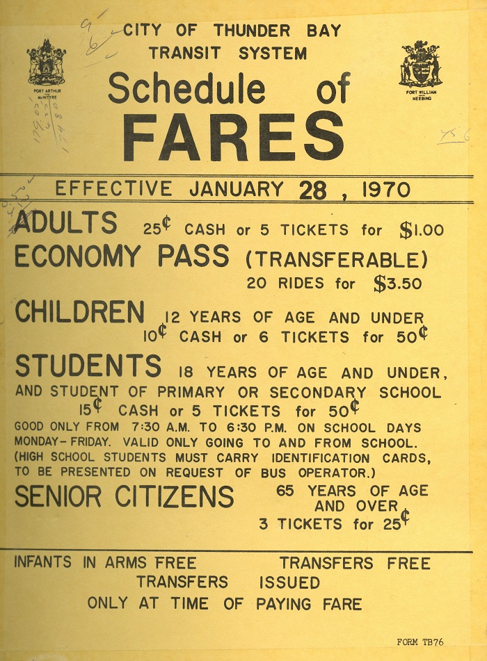 A typed list of fare prices for Thunder Bay Transit 