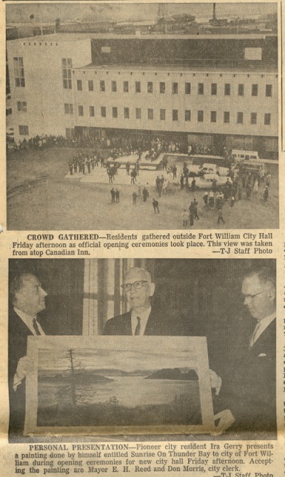 A newspaper article showing people gathered in front of a new building