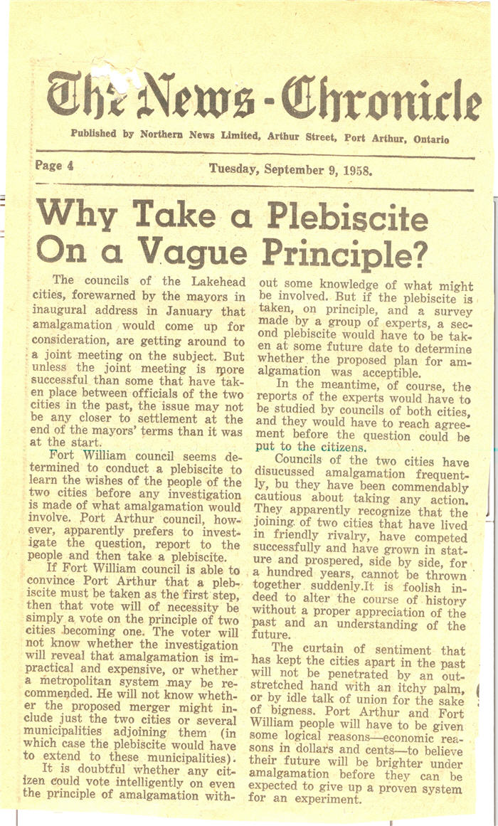 A typed newspaper article on plebiscite and amalgamation