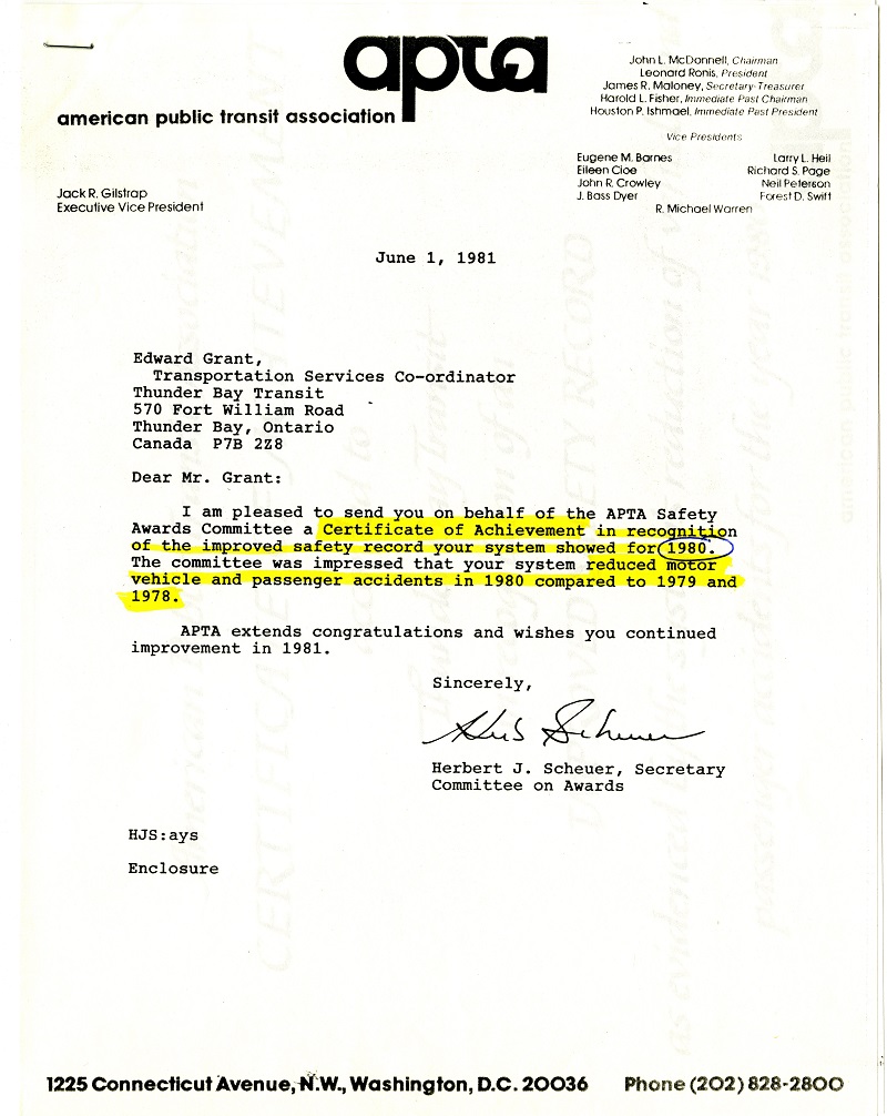 A typed document congratulating Thunder Bay Transit on their safety record