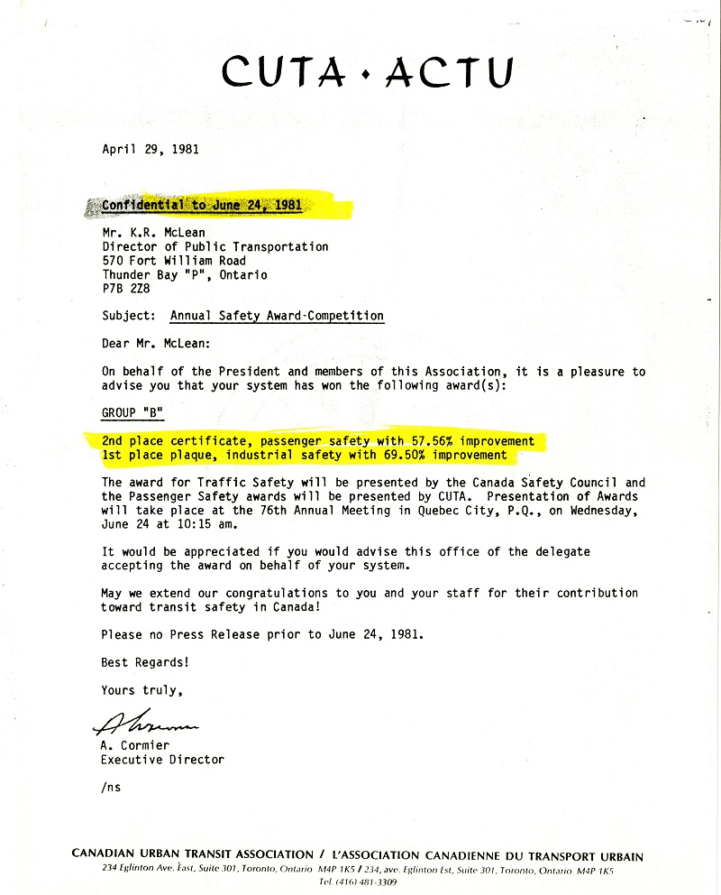 A typed letter to the head of Thunder Bay transit 