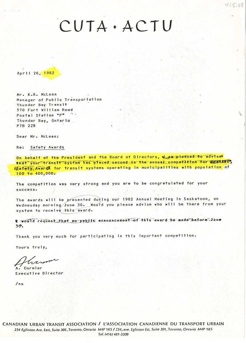 A typed document indicating a second place prize in a national competition for safety