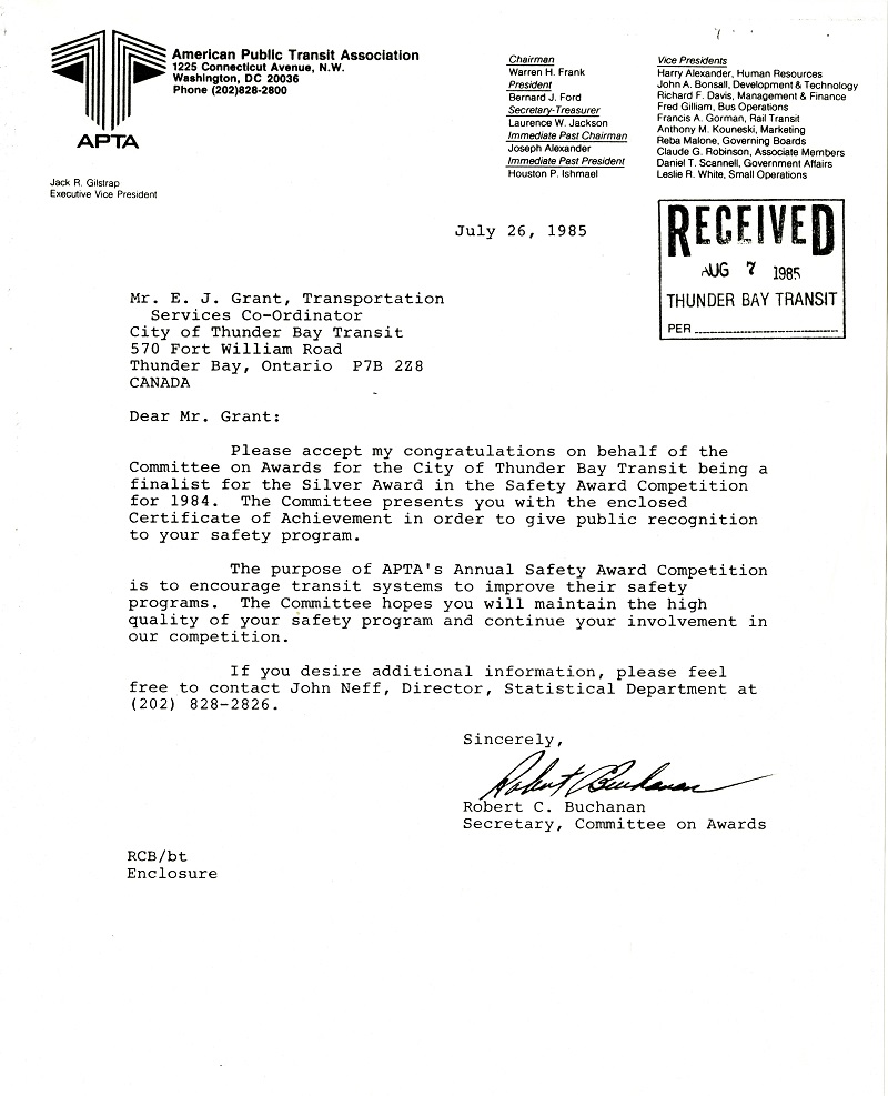 A typed document given to indicate Thunder Bay Transit won third place in national safety, 1984