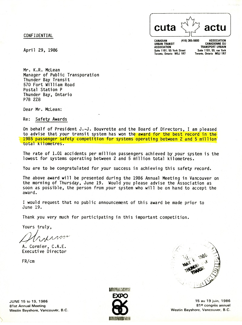 A typed document indicating the City of Thunder Bay has won an award for safety, 1985
