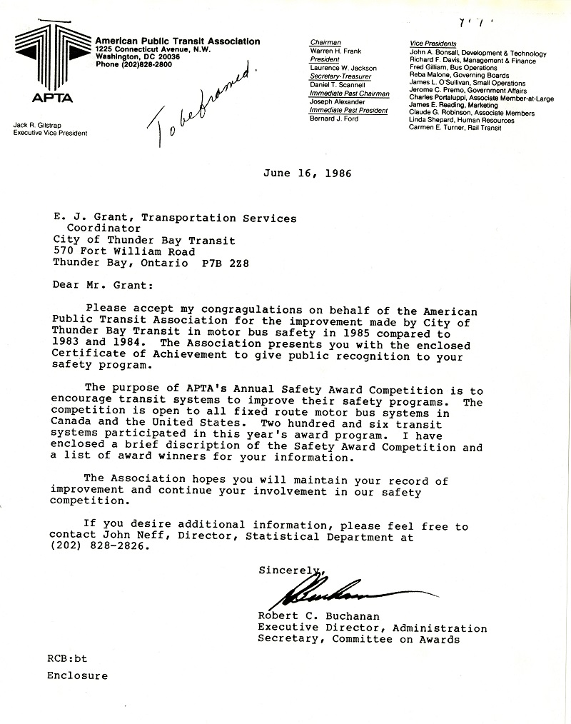 A typed document congratulating Thunder Bay Transit on safety improvement from 1981-1986