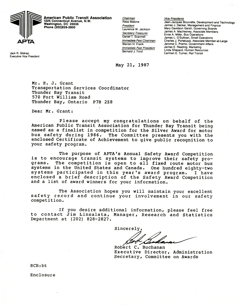 A typed document congratulating Thunder Bay Transit on being a finalist for the 1986 safety award