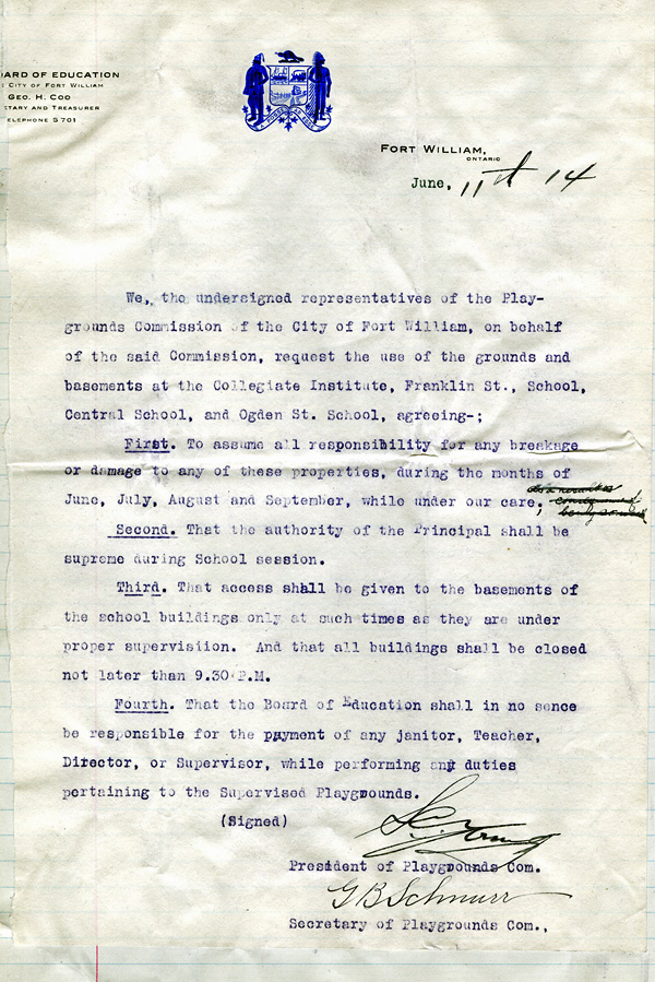 A typed document given by the Fort William Board of Education 
