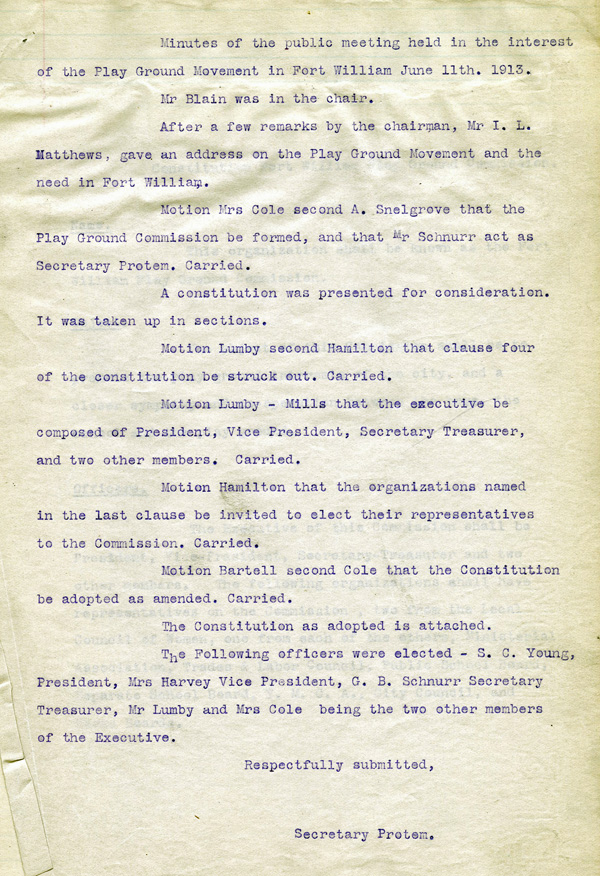 A typed document detailing meeting notes from 1913