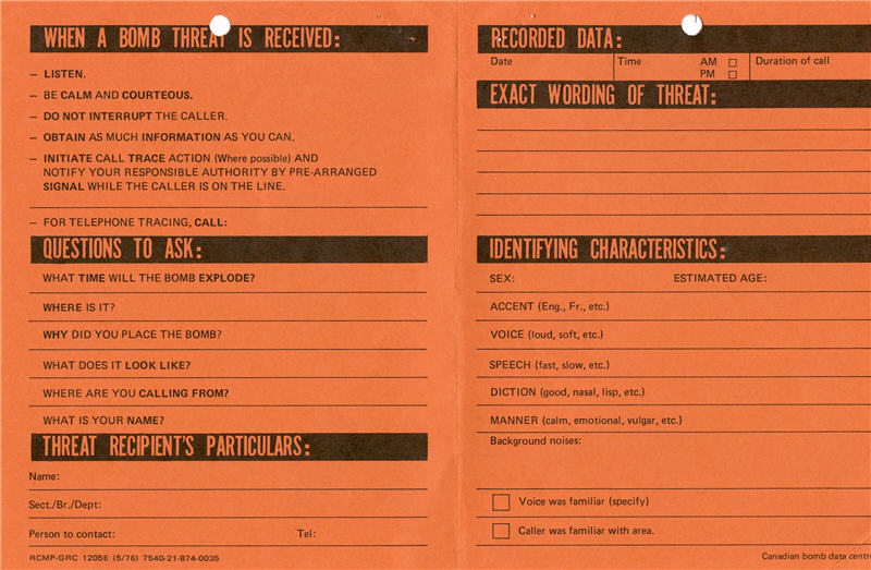 An orange pamphlet detailing what to do in case of a bomb threat