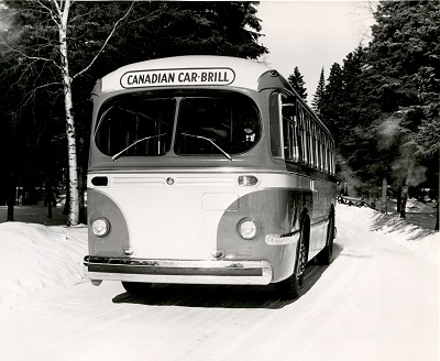 a bus sitting parked facing frontwards with a Canadian Car Brill sign on the front