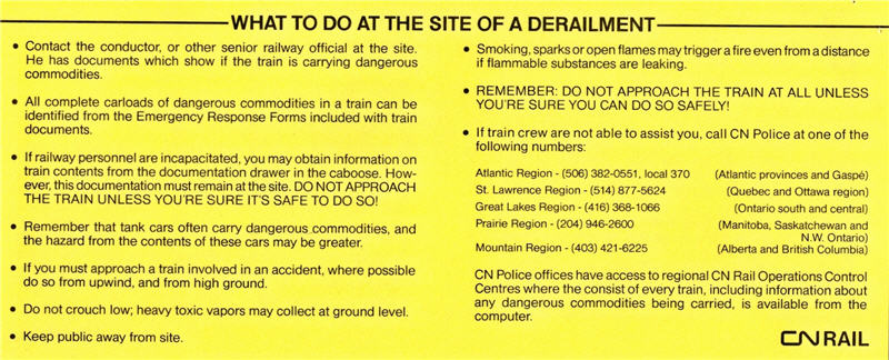 A bright yellow warning label issued by Canadian Rail 
