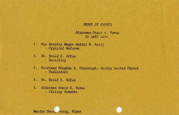 A yellow paper with typed writing detailing the days events